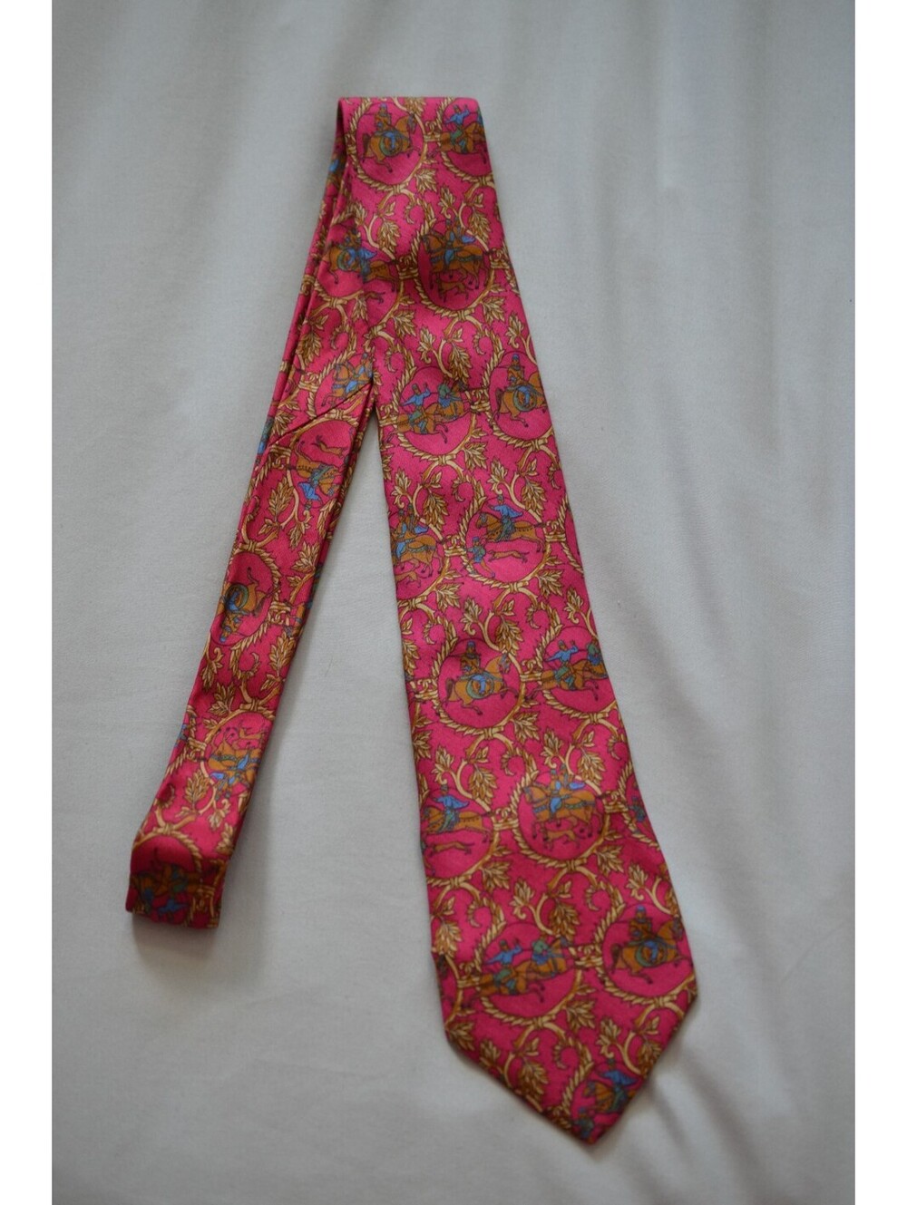 Salvatore Ferragamo 100% Silk Tie Pink Equestrian Horse Rider Made in Italy